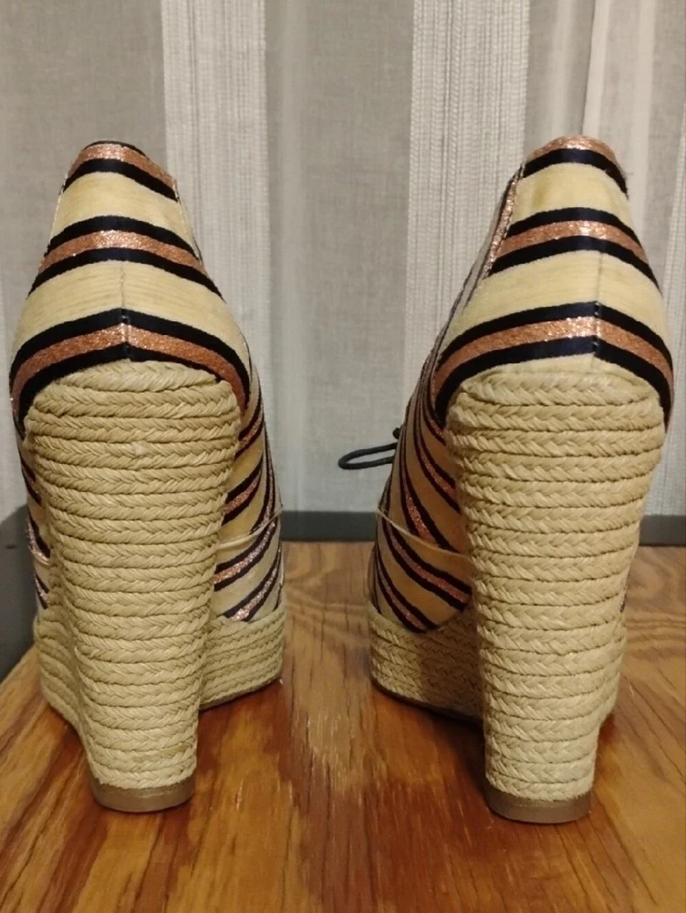 Tabitha Simmons Espadrille Wedge Oxfords - Black, Cream & Rose Gold Stripe